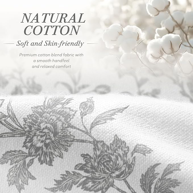 Grey Floral Shower Curtain,Vintage Cotton Cottagecore Gray Shower Curtains for Bathroom, 72" W x 72" L
