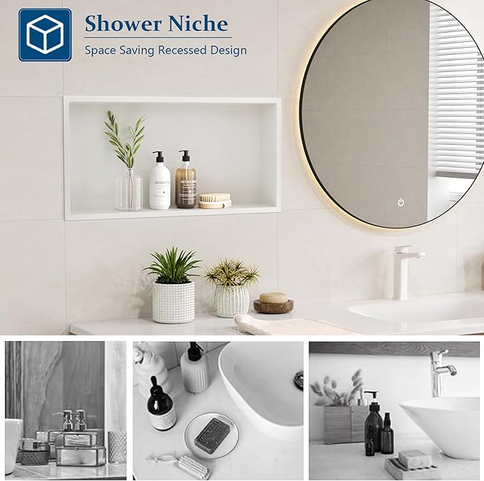Neodrain Shower Niche, Insert Bathroom Storage Shower Shelf, Stainless Steel Recessed Wall Niche No Tiled Recessed Cabinet Waterproof for Shower Storage(White,24"x12")