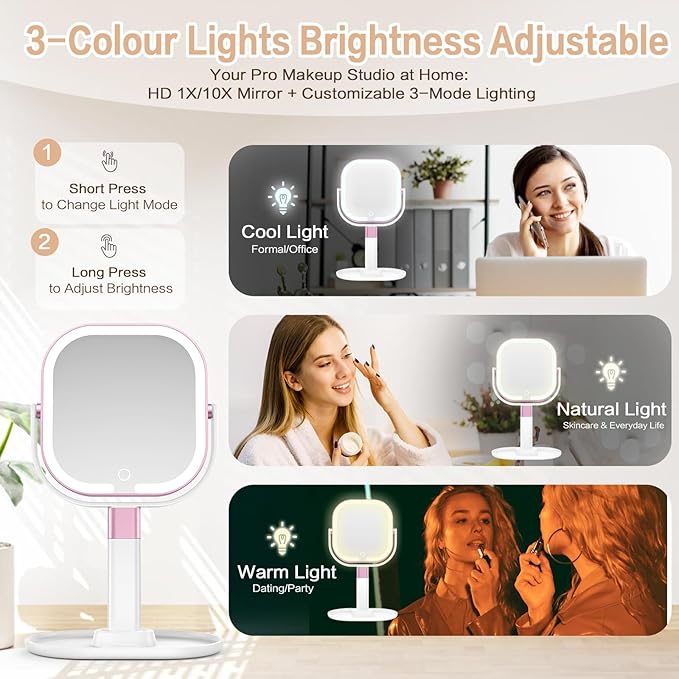 Makeup Mirror with Lights, 1X/10X Magnifying Vanity Mirror with 3 Colors, 2000mAh Rechargeable Double Sided Magnifying Mirror, Height Brightness Adjustable, 360° Rotation Vanity（Rose）