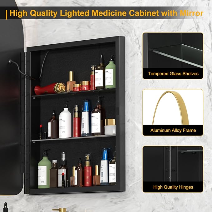 Lighted Arched Medicine Cabinet with LED Mirror - 20x31 Inch Recessed Bathroom Storage, Gold Arched Wall Mounted Mirror Cabinet, Arch Medicine Cabinet with Lights,Anti-Fog
