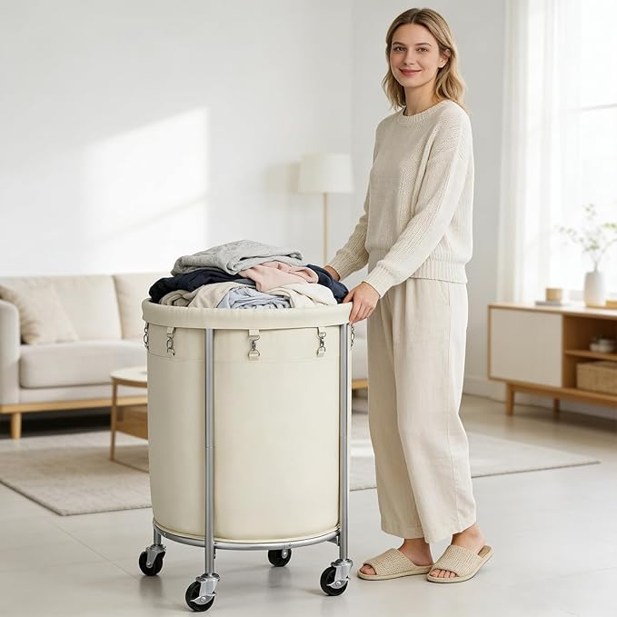 ELYKEN 190L Laundry Basket with Wheels, Large Rolling Laundry Hamper with Removable Liner Bag, Round Rolling Laundry Cart, Dirty Clothes Hamper for Hotel, Home, Closet, Dorm, Cream