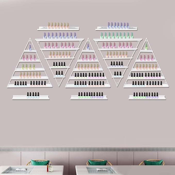 Wall-Mounted Nail Polish Rack, Set of 10 Triangular Gold Nail Polish Shelf 5-Tier Lipstick Perfume Cosmetic Display Shelf for Home Spa Nail Salon Shop