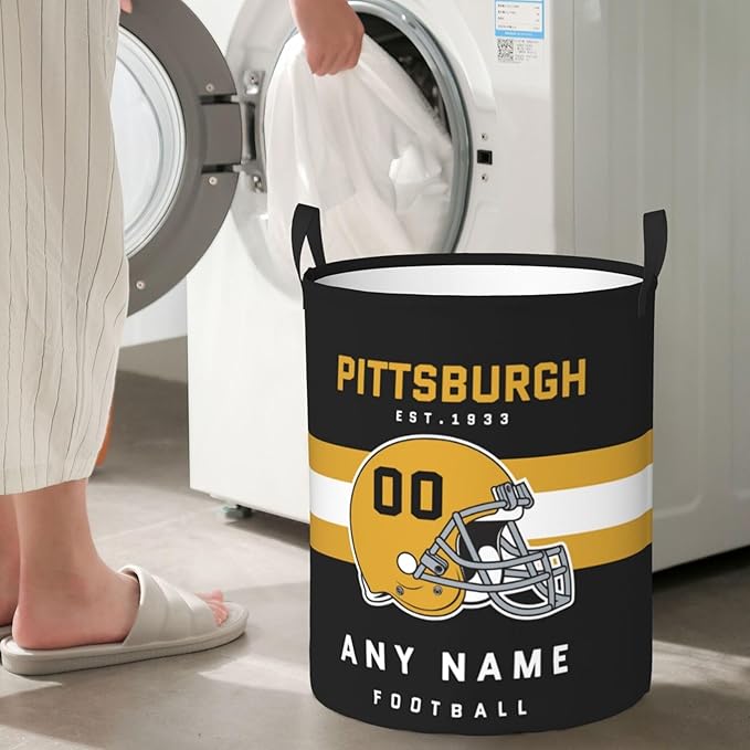 Custom Pittsburgh Laundry Hamper - Personalized Football Style Laundry Basket - Customized Name And Number - Dirty Clothes Hamper Waterproof Large Capacity Hamper for Bedroom Bathroom Living Room