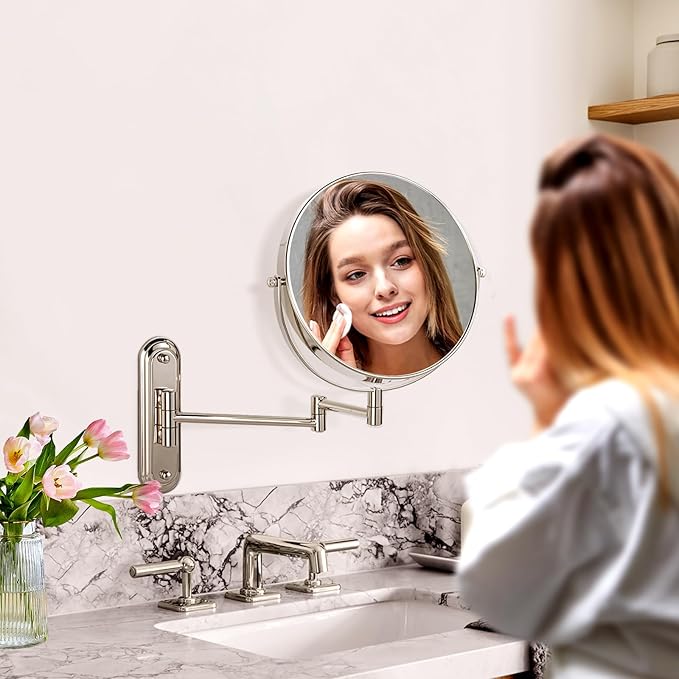 Wall Mounted Makeup Mirror, 15X/1X Double Sided Magnifying Mirror, 8.5 Inch Round, Brushed Nickel, Modern Style, Space Theme, 13" L x 11" W