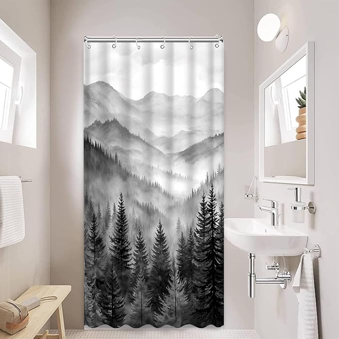 Forest Mountain Shower Curtain Black and White Nature Misty Pine Tree Shower Curtains for Bathroom Dark Grey Foggy Rustic Woodland Decorative Waterproof Fabric Bath Curtain Decor 36×72 Inches