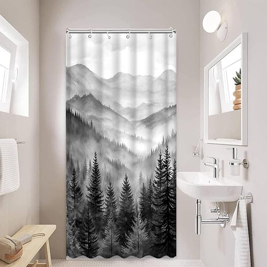 Forest Mountain Shower Curtain Black and White Nature Misty Pine Tree Shower Curtains for Bathroom Dark Grey Foggy Rustic Woodland Decorative Waterproof Fabric Bath Curtain Decor 36×72 Inches