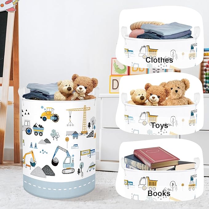Cars Laundry Hamper Cartoon Vehicle Large Storage Basket Collapsible Parents Organizer Boy Toy Clothes Bins for Bedroom, Bathroom, Crane, 63L
