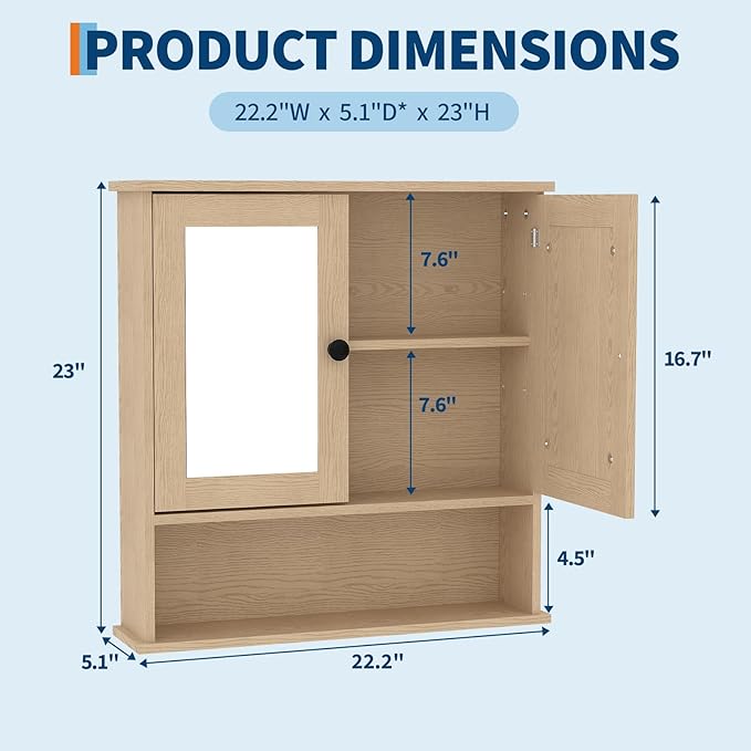 Bathroom Wall Cabinet with Mirrored Doors – Slim Medicine Cabinet with Adjustable Shelf – 2.2x23x5.1 Inch Compact Wall Cabinet for Bathroom, Kitchen, Laundry Room, Entryway