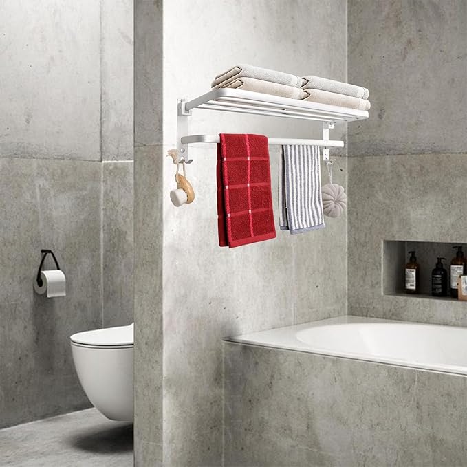 TocTen Towel Rack for Bathroom, Foldable Towel Holder with Double Towel Bars, Wall Mounted SUS304 Stainless Steel Bathroom Tower Shelf, Space-Saving Towel Hanger for Bathroom, Lavatory (Silver,24 in)