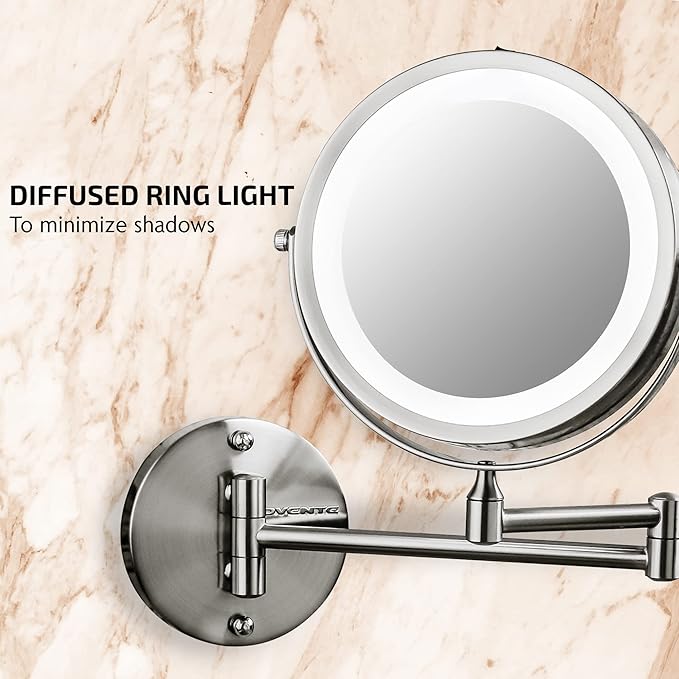 OVENTE Wall Mounted Lighted Makeup Mirror, 7" Double Sided 1X/7X Magnifying Vanity Mirror for Bathroom with LED Lights, Cordless, 360° Rotation and 13" Extendable Arm, Nickel Brushed MFW70BR1X7X