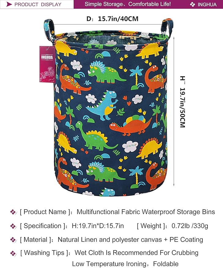 Laundry Hamper Large Canvas Fabric Lightweight Storage Basket/Toy Organizer/Dirty Clothes Collapsible Waterproof for College Dorms, Boys and Girls Bedroom,Bathroom (Forest Dinosaurs)