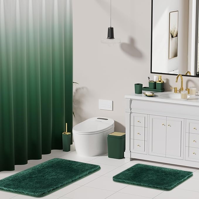 XLHOMO Bathroom Set - Dark Green Bathroom Sets with Shower Curtain and Rugs, 24PCS Shower Curtain Set with Hooks, Soap Dispenser, Soap Dish, Toilet Brush Holder and Trash Can for Housewarming