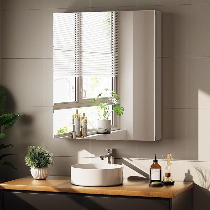 Bathroom Medicine Cabinet with Mirror, 20 Inch x 24 Inch Bathroom Mirror Cabinet with Single Door & Adjustable Shelves, Surface Mount or Recess Installation