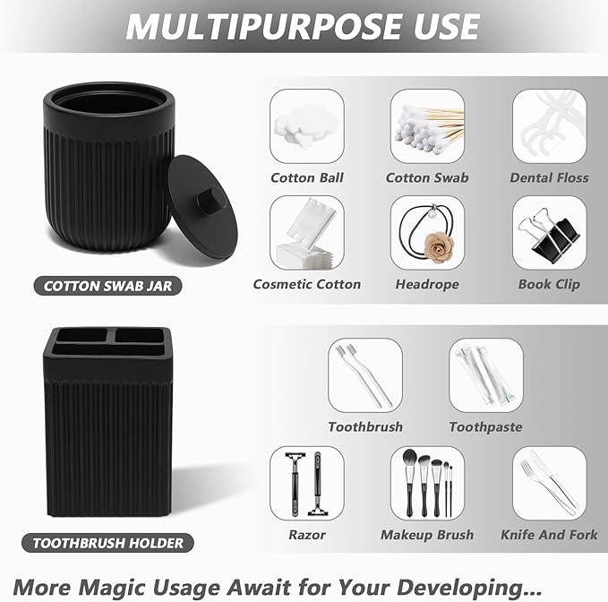 XLHOMO Resin Matte Black Bathroom Accessories Set 5 Pcs, Lotion Soap Dispenser, Toothbrush Holder, Bathroom Tumbler, Qtip Holder and Vanity Tray, Bathroom Countertop Organizer Set for Home Apartment
