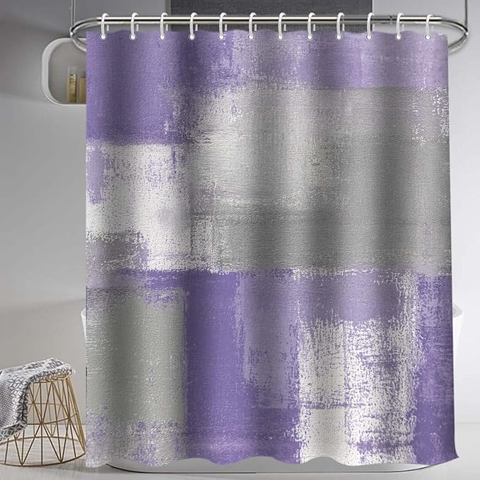 Lnond 4Pcs Purple Bathroom Shower Curtain Sets with Rugs, Purple and Grey Painting Art Bathroom Sets with Shower Curtain and Rugs and Accessories