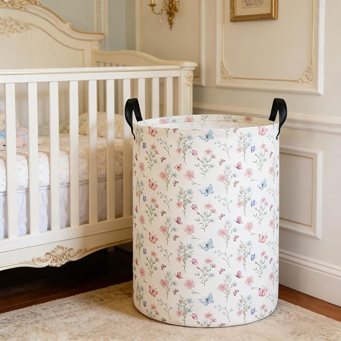 Laundry Hamper Baby Nursery Hamper Waterproof Foldable Kids Laundry Basket Kids Dirty Clothes Hampers Girl Room Decor for Home Gift Baskets(Pink Flower)