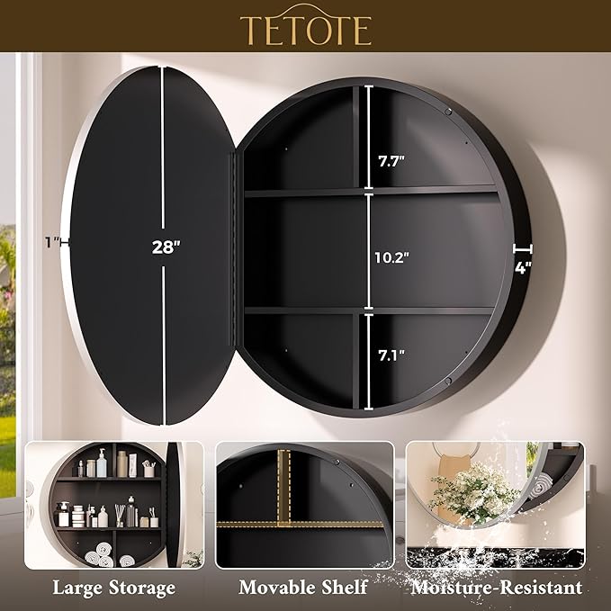 TETOTE Bathroom Mirror Cabinet 30 x 30 Matte Silver Gray Round Bathroom Medicine Cabinet with Mirror Adjustable Shelves Farmhouse Wall Mirror with Storage Surface Mounted