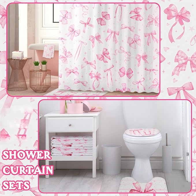 FuWeave 8 Pcs Pink Bow Shower Curtain Sets for Bathroom Decor Cute Coquette Bathroom Accessories Bow Knot Aesthetic Girly Shower Curtain Sets with Towels Carpet Bath Mat Toilet Rugs and 12 Hooks