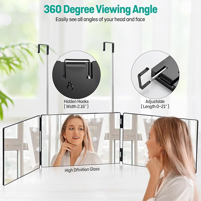 3 Way Mirror for Self Hair Cutting，Tri-Fold Makeup Mirror，360°View with Height AdjustableHooks Anti-Fog HD Glass forShaving, Braiding, DyeHair, Travel Friendly Grooming Tool,Good Choice for Gifts