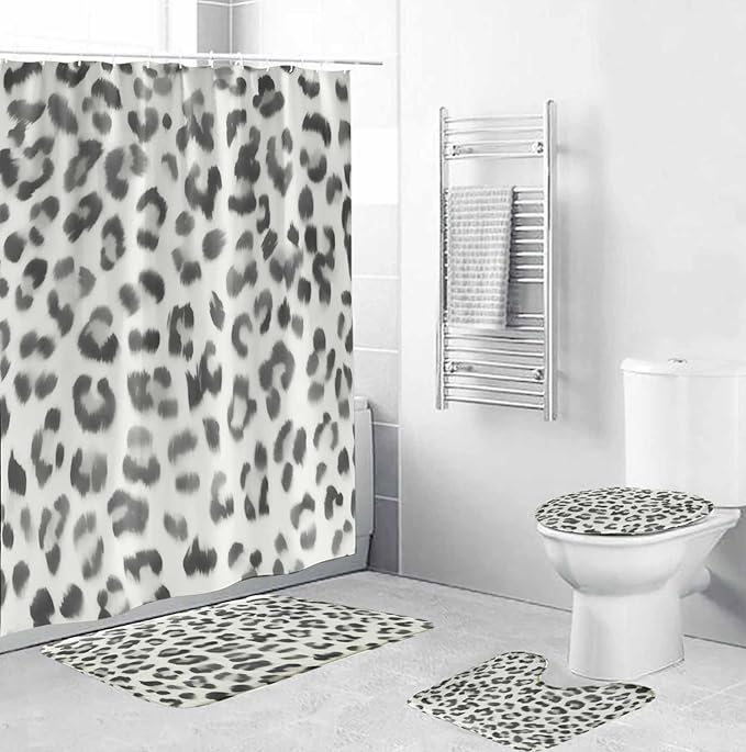 TOMWISH 4 Pcs Leopard Print Shower Curtain Set,Cheetah Print Bathroom Sets Complete Shower Curtain Toilet Lid Cover and Bath Mat Bathroom Decor Sets,juego de baños de Set Bath Accessories with Hooks