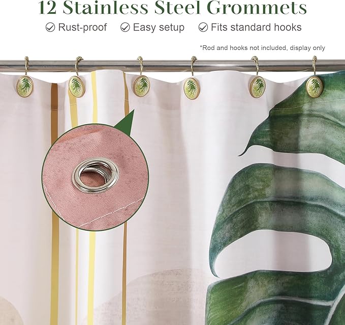 Green Tropical Leaf Shower Curtain, Sage Beige Gold Abstract Boho Mid Century Modern Shower Curtain, Waterproof Decorative Watercolor Monstera Palm Tree Plant Botanical Bathroom Curtains, 72"W x 78"H