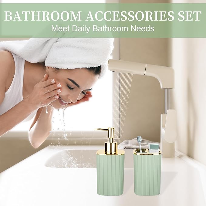 2PCS Bathroom Accessories Set, Sage Green Bathroom Accessories, Bathroom Soap Dispenser and Toothbrush Holder Set for Bohemian Bathroom Decor