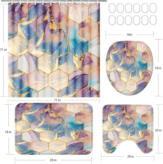 Poedist Shower Curtain Set with Rugs,Bathroom Accessory Set, Including Non-Slip Rugs,Toilet Lid Cover and Bath Mat, Waterproof Shower Curtain with 12 Hooks,Ink Quicksand-Yellow