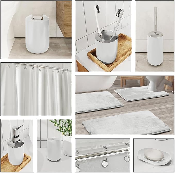 Clara Clark Bathroom Set - White Bathroom Accessories Set, Bathroom Sets with Shower Curtain and Rugs, 23PC Shower Curtain Set with Liner, Soap Dispenser, Soap Dish, Toilet Brush Holder, and Trash Can