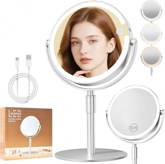 FRANO Makeup Mirror with Magnification (1X/10X), 8" Round Magnifying Vanity Mirror with Lights, Cordless Double Sided Light Weight Aluminum Alloy - Gifts Idea