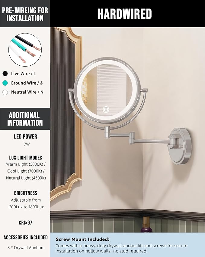 10" Large Wall Mounted Magnifying Mirror with Light, Hard Wired 1X/5X Double-Sided LED 3 Color Lighting Touch Dimmable Extended Arm 360 Rotation Vanity Mirror for Bathroom, Brushed Nickel