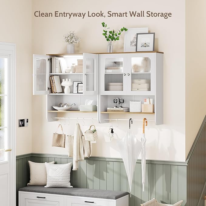 Fluted Bathroom Cabinet Wall Mounted with Towel Bar, Hanging Medicine Cabinet Organizer for Bathroom Storage w/ Motion Sensor LED Light, White Over Toilet Storage Cabinet w/ 2 Door, Adjustable Shelf