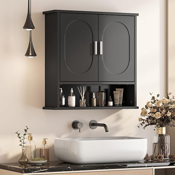 23x24 Bathroom Medicine Cabinet,2 Doors Oval Bathroom Wall Cabinet,Over The Toilet Storage Cabinet for Bathroom/Kitchen,Wall Mounted Medicine Cabinets,Black Bathroom Cabinets with Storage