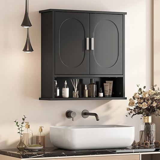 23x24 Bathroom Medicine Cabinet,2 Doors Oval Bathroom Wall Cabinet,Over The Toilet Storage Cabinet for Bathroom/Kitchen,Wall Mounted Medicine Cabinets,Black Bathroom Cabinets with Storage
