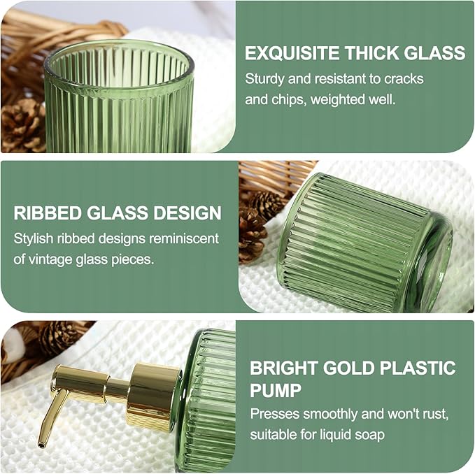 Green Bathroom Accessories 5 Pcs, Glass Bathroom Accessory Set, Vintage Green Bathroom Set, Sage Green Soap Dispenser and Toothbrush Holder Set, Qtip Holder, Small Flower Vase, Modern Bathroom Decor