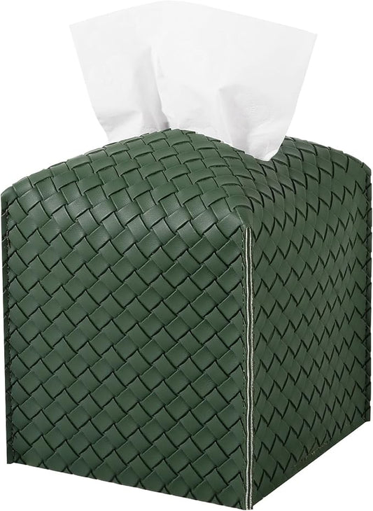 Tissue Box Cover PU Leather Tissue Holder Square Facial Tissue Case Facial Paper Organizer Dispenser for Bathroom, Vanity Countertop, Car, Dark Green