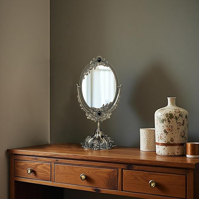 Feyarl 15 inch Vintage Makeup Mirror Floral Tabletop Oval Vanity Mirror with Stand Dressing Room Swivel Double Sided Elegant Decorative Mirror Embossed Frame