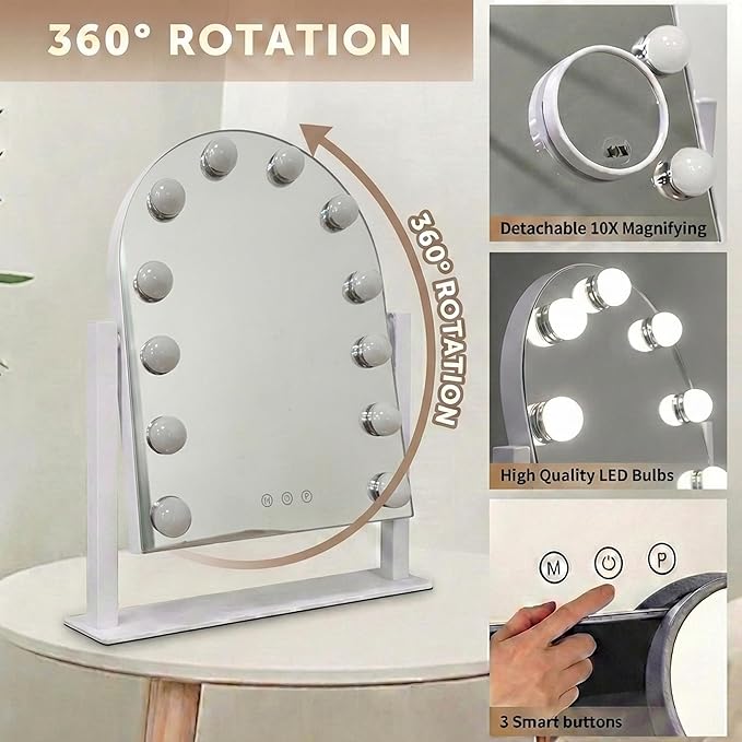 Arched Makeup Vanity Mirror with Lights LED Makeup Mirror Detachable 10X Magnification, Hollywood Make Up Mirror with Lighting, Smart Touch, Rechargeable,360° Rotation, White 18.5"x 14.17"