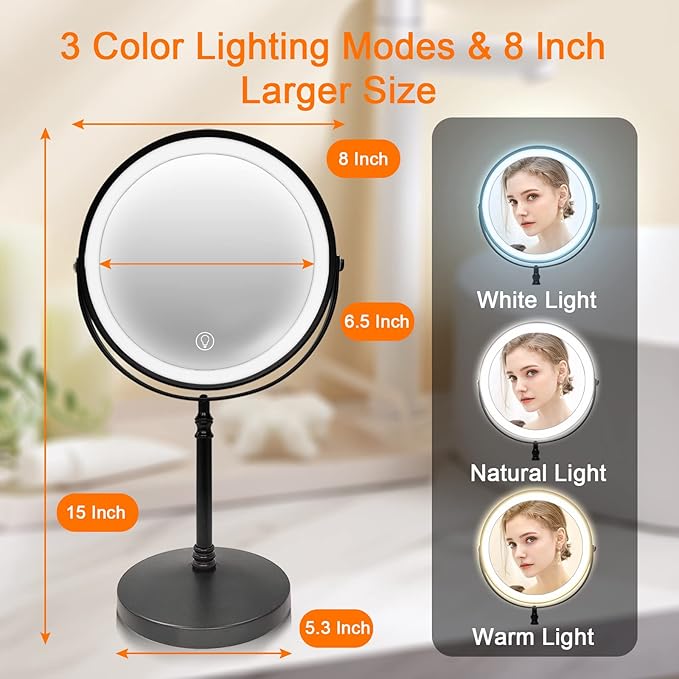 8" Lighted Makeup Mirror, 1X/10X Magnifying Vanity Mirror with Lights, 3 Color Lighting, Brightness Dimmable Cosmetic Mirror, Touch Control Light up Mirror, Black