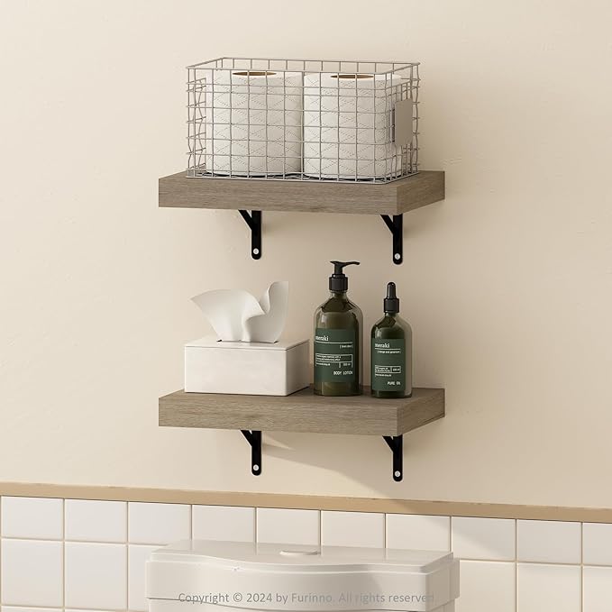 Furinno Tanna Floating Shelves for Wall Set of 2, 15-Inch Bathroom Wall Shelf, Wall Mounted Shelf, for Bathroom Organizers and Storage, Living Room, Natural