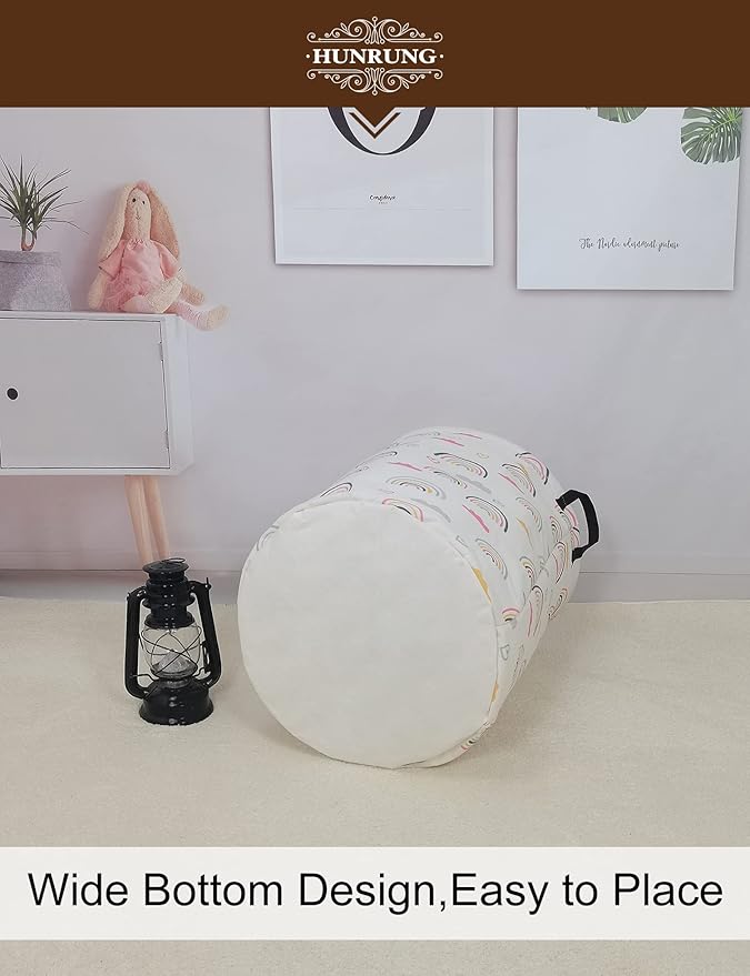 HUNRUNG Laundry Hamper,Large Canvas Fabric Lightweight Storage Basket Toy Organizer Dirty Clothes Collapsible Waterproof for College Dorms???Round-Rainbow???