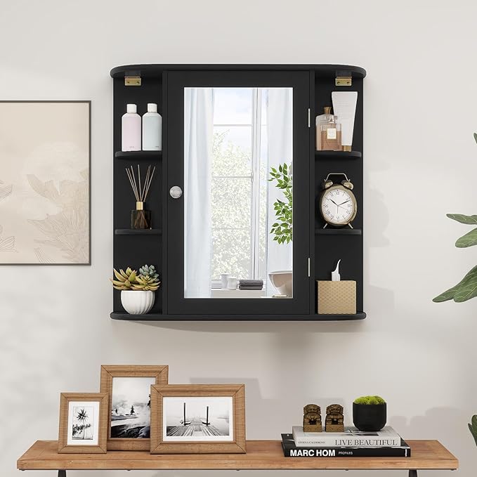 COSTWAY Medicine Cabinet with Mirror, Wall Mounted Bathroom Storage Cabinet with Mirror Door and Adjustable Shelves, Space-Saving Storage Organizer for Living Room Kitchen Entryway (Black)