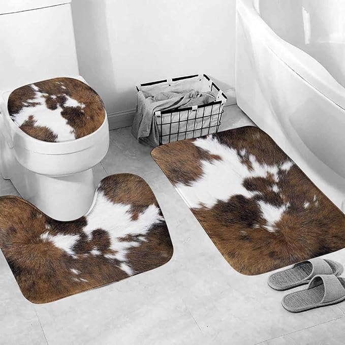 TOMWISH Western Bathroom Shower Curtain Set,Cowhide Print Bathroom Rug Shower Curtain Toilet Lid Cover and Bath Mat Farmhouse Brown Animal Print Bath Accessories Décor with 12pcs Hooks