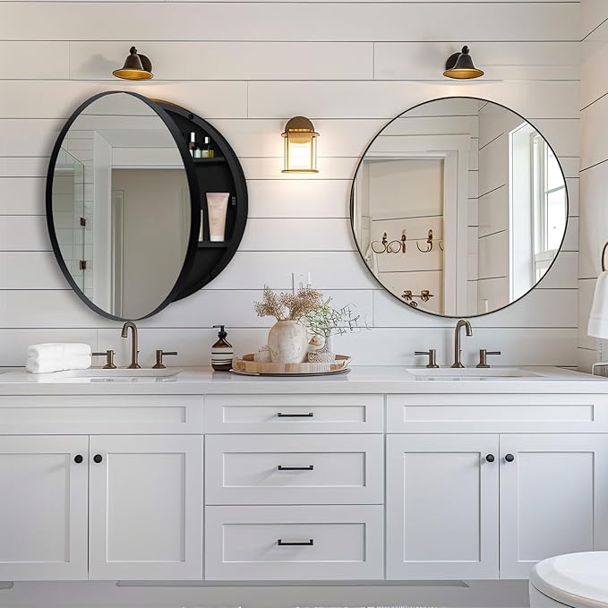 26 Inch Round Medicine Cabinet with Mirror, Black Farmhouse Bathroom Storage Cabinet, Metal Frame Circular Vanity Mirror Cabinet, Surface Mount Only – Ideal for Master Bathrooms