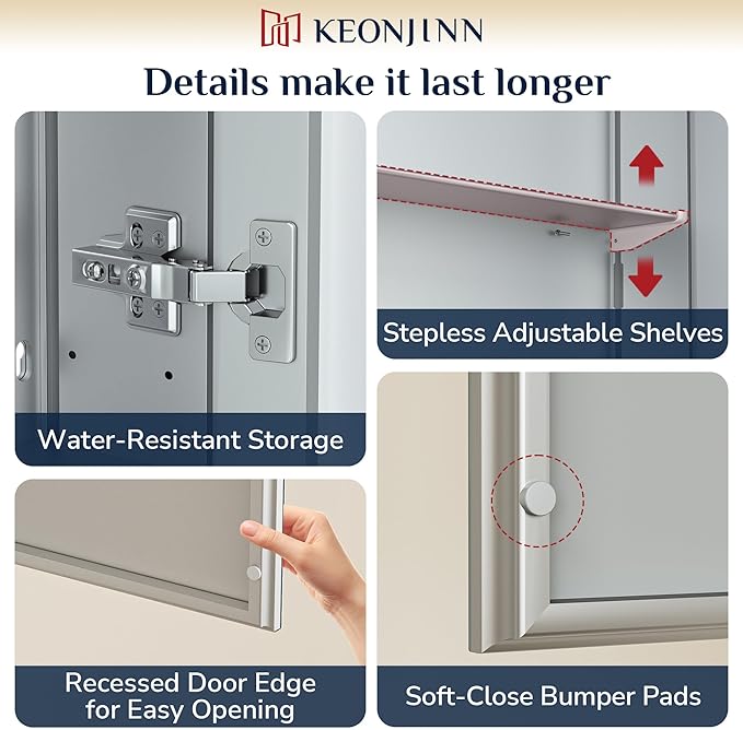 Keonjinn 64 x 32 Inch Medicine Cabinet, Assembly Required, Silver Bathroom Medicine Cabinets Mirror, Lightweight, Adjustable Shelves, Surface Mount or Recessed, Tempered Glass