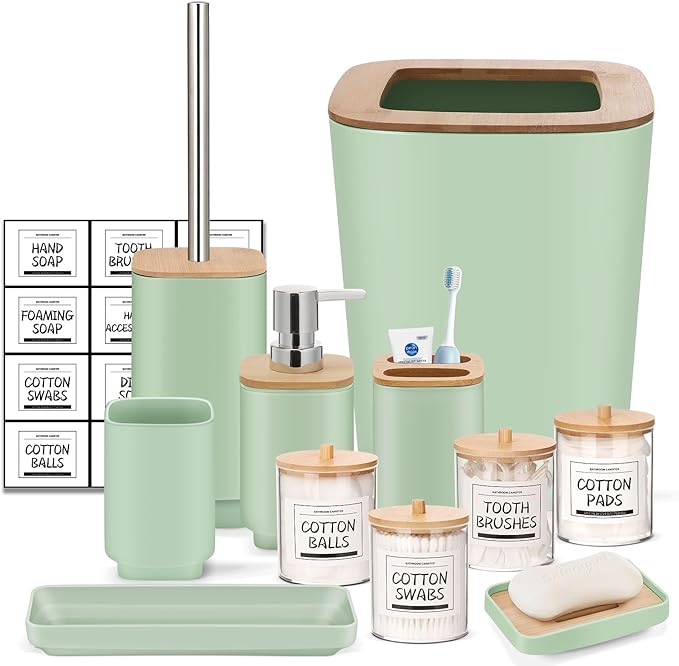 IMAVO 11 Piece Green Bathroom Set, Trash Can, Toilet Brush, Storage Tray, Complete Bathroom Accessories Organization Kit for Bathroom Décor and Home Gifts
