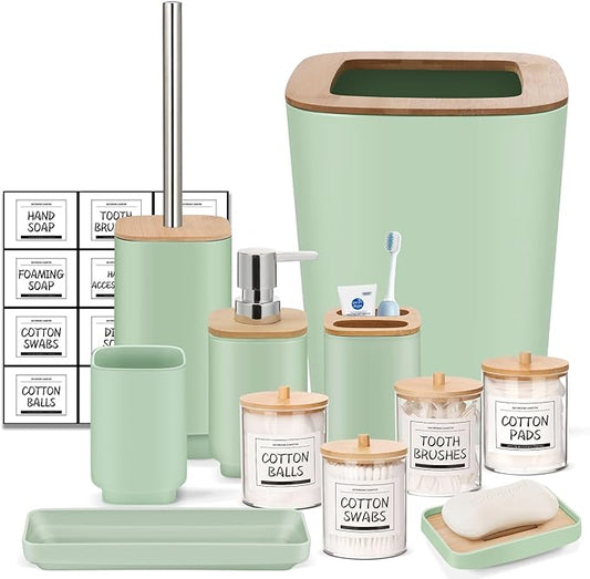 IMAVO 11 Piece Green Bathroom Set, Trash Can, Toilet Brush, Storage Tray, Complete Bathroom Accessories Organization Kit for Bathroom Décor and Home Gifts