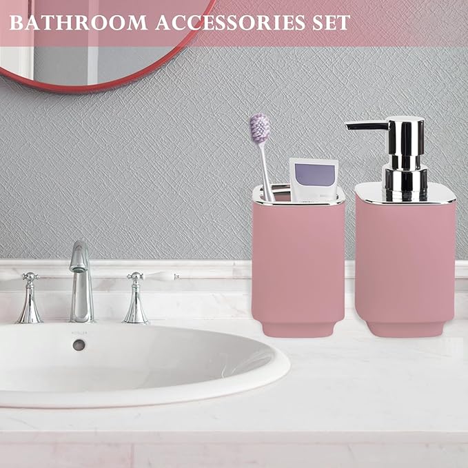 Pink Bathroom Accessories 2 Pieces, Soap Dispenser and Toothbrush Holder Set for Boho Bathroom