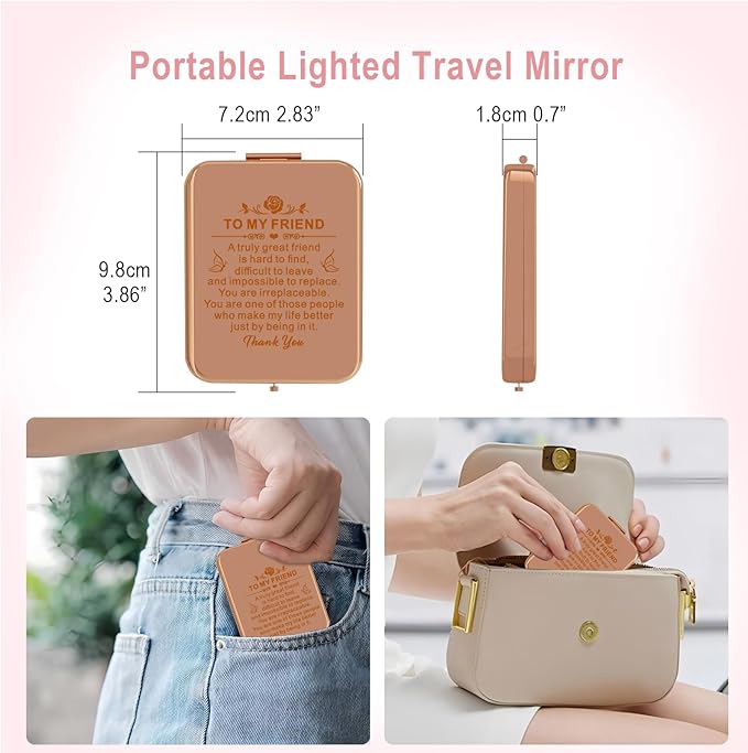 Friend Gift Compact LED Magnifying Travel Makeup Mirror, to My Best Friend Gorgeous Rose Gold Pocket Mirror with Light Rechargeable Unique Friendship Gift for Women Girls Sisters for Women BFF
