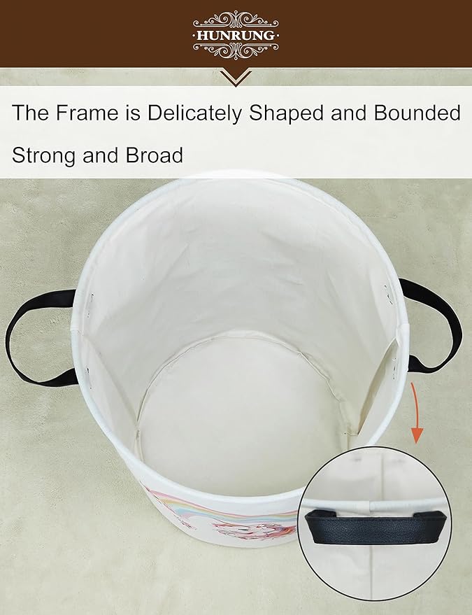 HUNRUNG Laundry Hamper,Large Canvas Fabric Lightweight Storage Basket Toy Organizer Dirty Clothes Collapsible Waterproof for College Dorms???Round-Rainbow Unicorn???