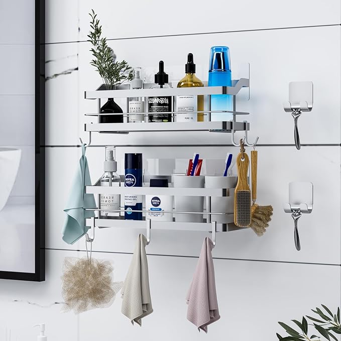 Carwiner Shower Caddy Bathroom Shelf 2-Pack, Basket with 8 Hooks for Hanging Shampoo Conditioner, SUS304 Stainless Steel Rack Wall Mounted Storage Organizer for Kitchen, No Drilling